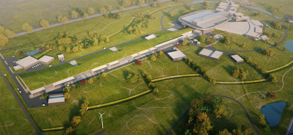 Illustration of the buildings of the European Spallation Source in Lund seen from above.