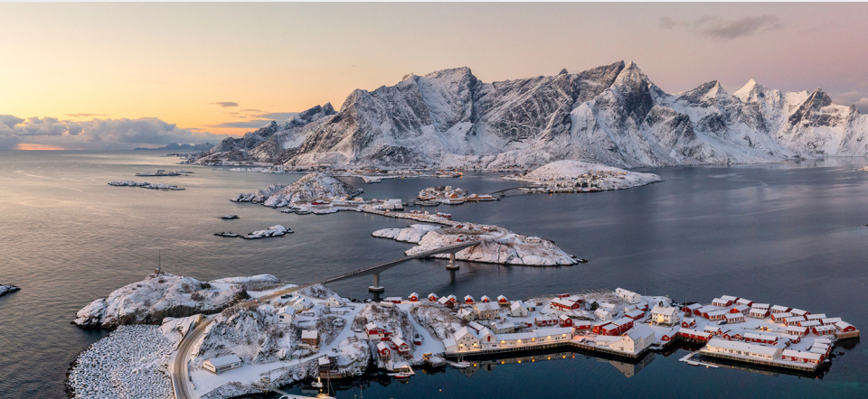 Arctic village with sea and mountains