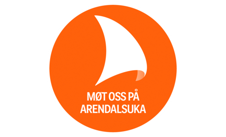 Logo til Arendalsuka i orange og hvidt, hvor der står: "Møt oss på Arendalsuka"