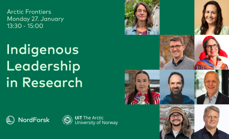 Poster for event "Indigenous Leadership in Research" with portrait pictures of nine men and women